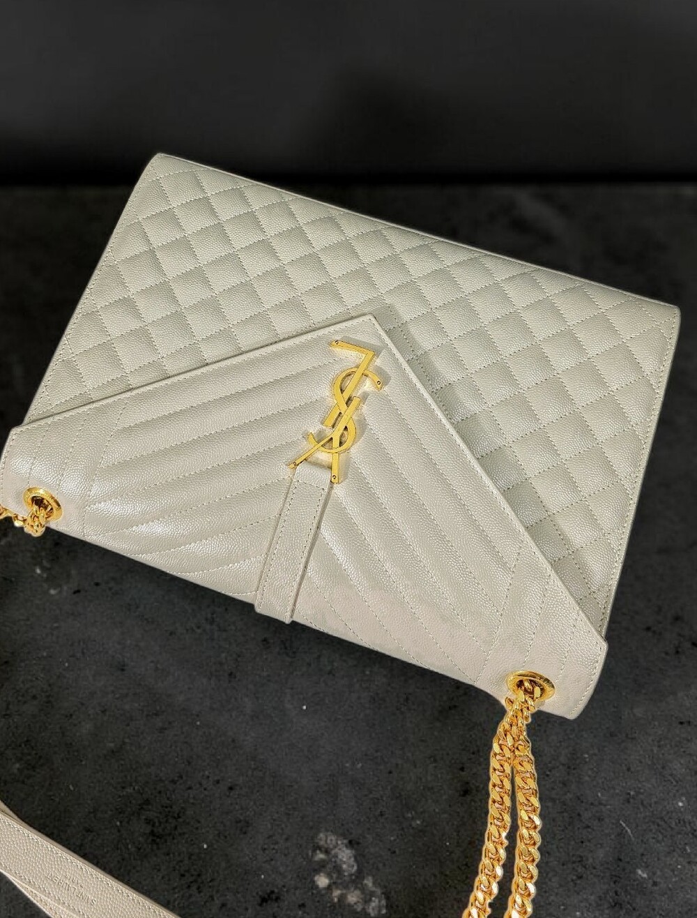 Saint Laurent Large Envelope Triquilt in Grained ivory Leather Gold Hardware - Picture 11 of 16